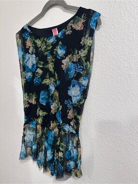 Black Sheer Mesh Floral Top with Blue and Green Roses